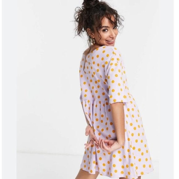 ASOS Design Women's Baby Doll Dress Size 0 Lilac Polka Dot Tie Oversized - Picture 3 of 12